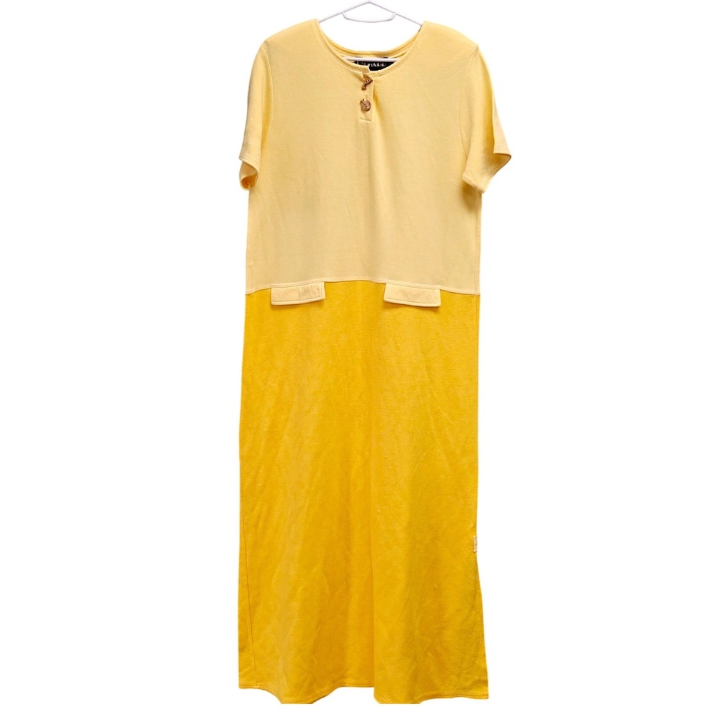 Vintage Maxi Dress Richard Yellow Cotton Knit Henley Wooden Animal Buttons Large